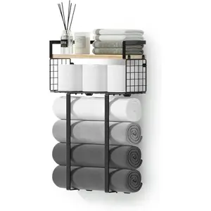 Towel Racks for Bathroom, Metal Towel Holder with Storage Basket,Wall Towel Rack for Rolled Towels, Towel Storage for Small Bathroom.