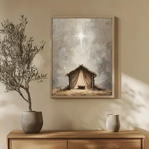 1 piece/set vintage Christmas manger wall decor, Christian wall decor, Christmas star art, minimalist Nativity scene art print, abstract Christmas manger painting, rustic religious decoration, frameless
