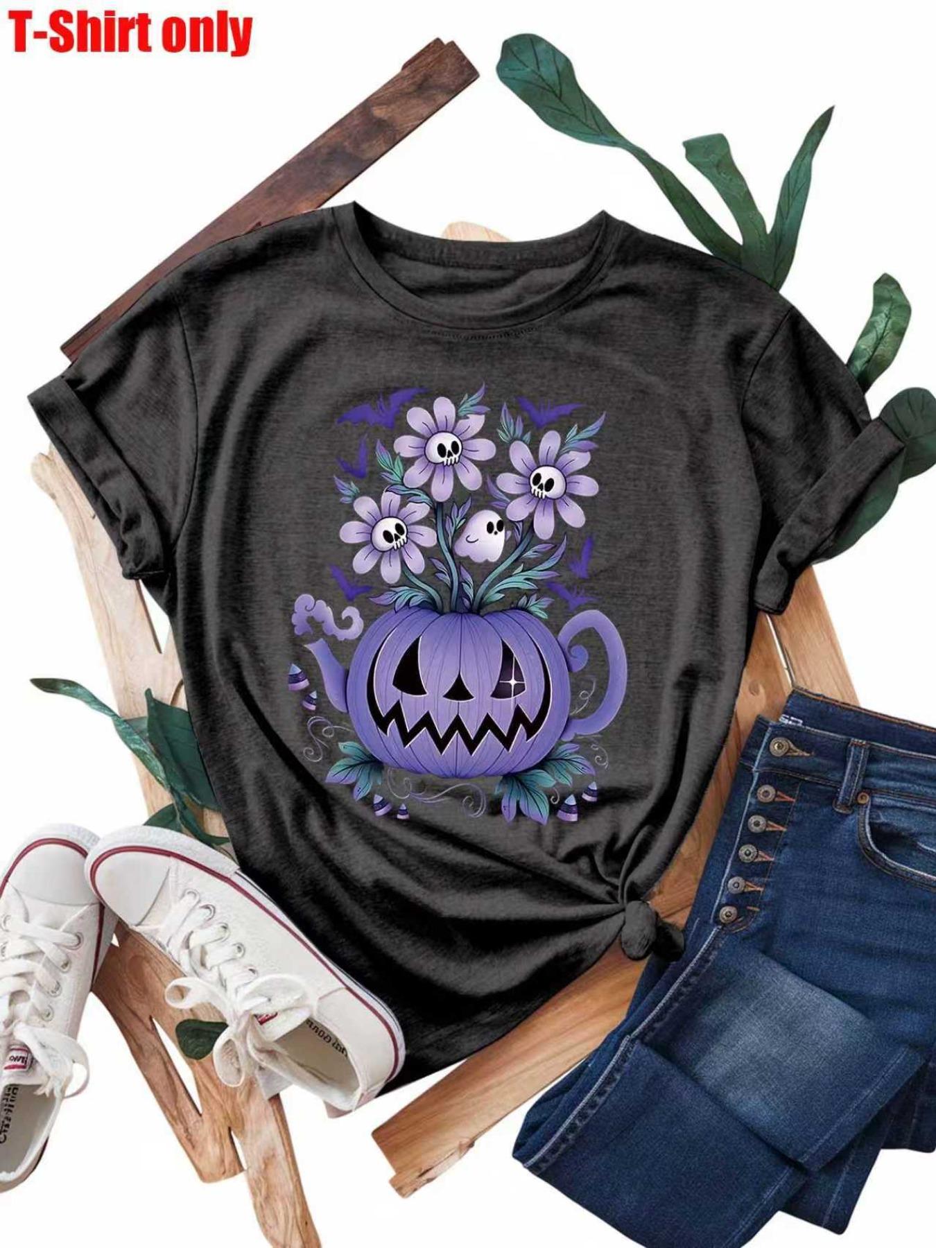 【Plus Size】 Pumpkin & Floral Print Round Neck Tee, Casual Halloween Graphic Short Sleeve T-shirt for Daily Wear, Women Plus Clothing for All Seasons
