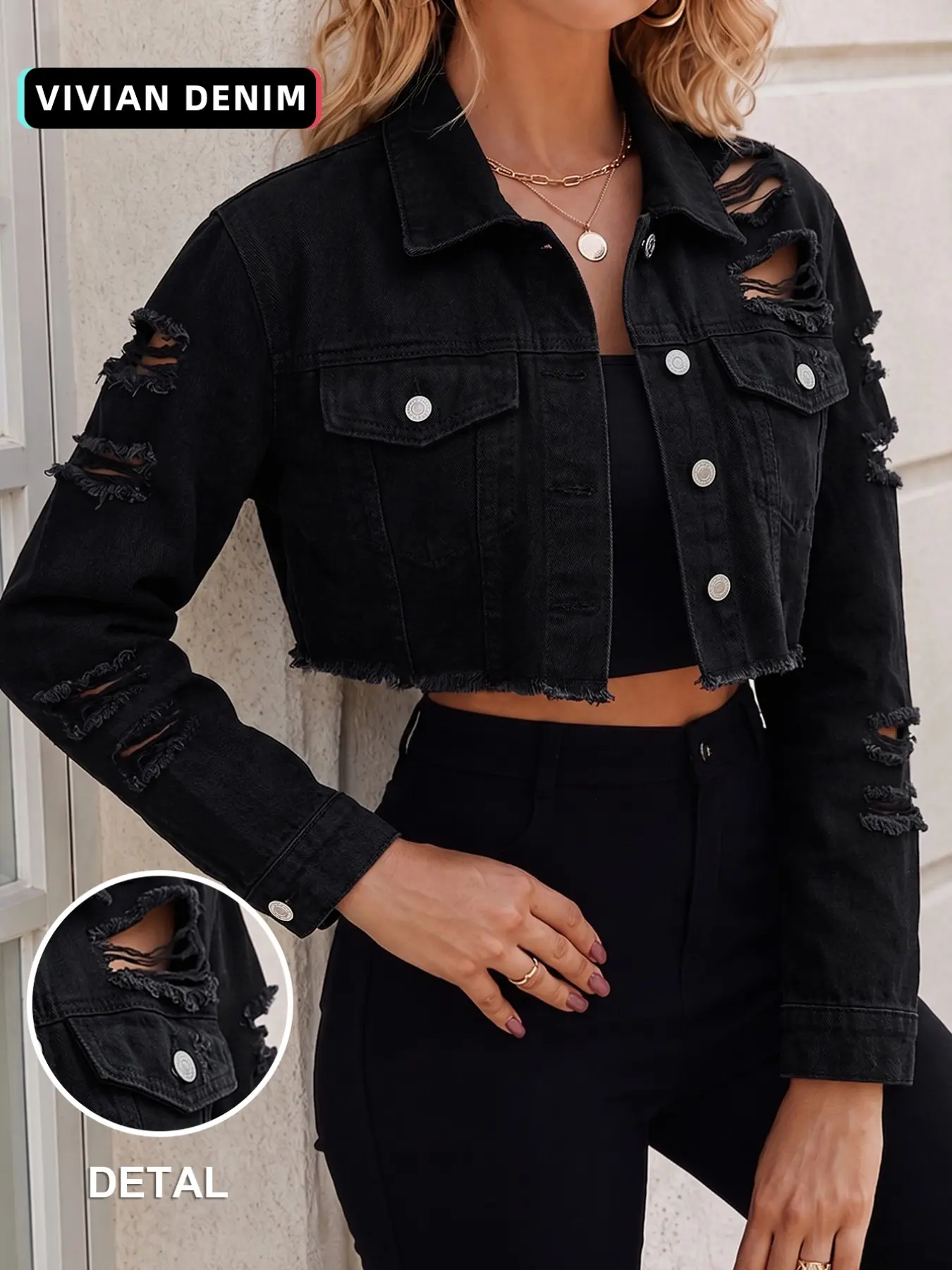 Women's Distressed Crop Denim Jacket, Ripped Frayed Hem, Y2K Streetwear Punk Style, Raw Edge Short Coat, Trendy Fashion Outerwear