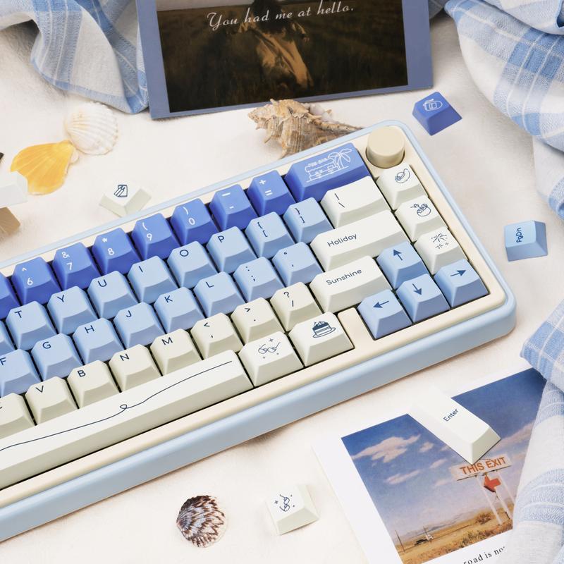 Blue White PBT Keycaps, MOA Profile, Custom Keyboard Keycap, Minimalist Style Dye Sub Keycaps, 130 Keys Anime Keycap Set for Cherry Gateron MX Switches Gaming Keyboard