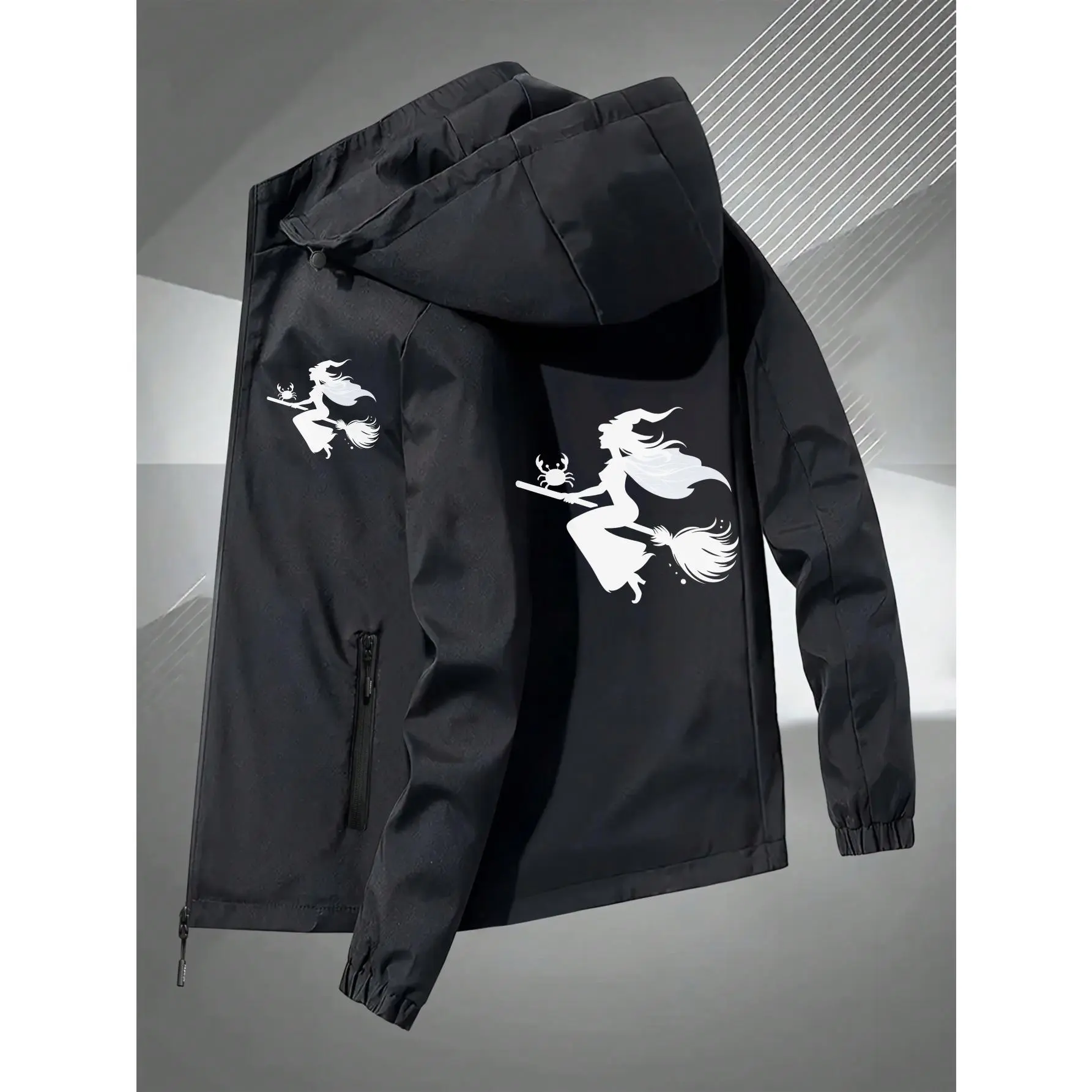 New Couple Jacket, White Witch Silhouette Print, Streetwear Fashion, Windbreaker Hooded Coat, Halloween Magic Broomstick Graphic Design
