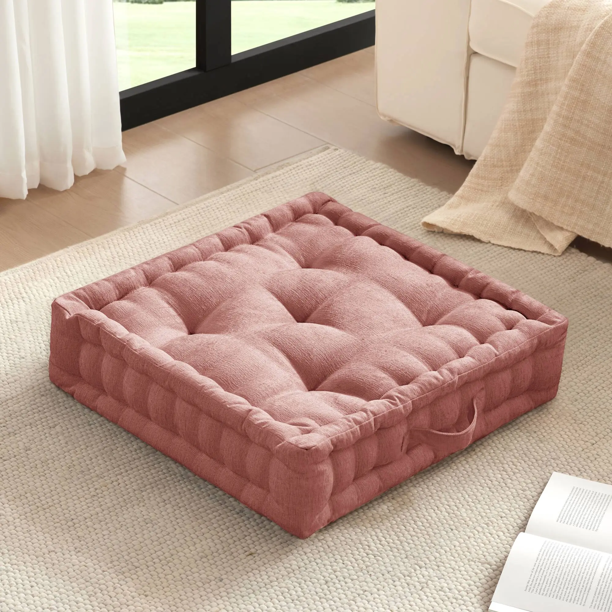 Nokaa 24x24 Inch Square Floor Pillow Cushion - Poly Chenille Soft Floor Seating Cushion for Living Room, Bedroom, Reading, Meditation, Yoga - Peach, 1-Piece, Multiple Options Available