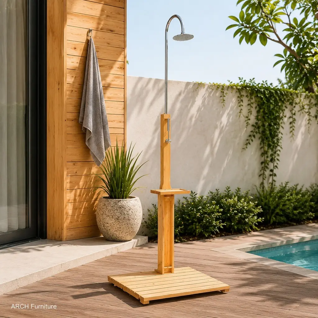 Teak Outdoor Garden Shower with Adjustable Flow, Solid Wood Stand, Storage Hole, Weather Resistant for Pool Patio
