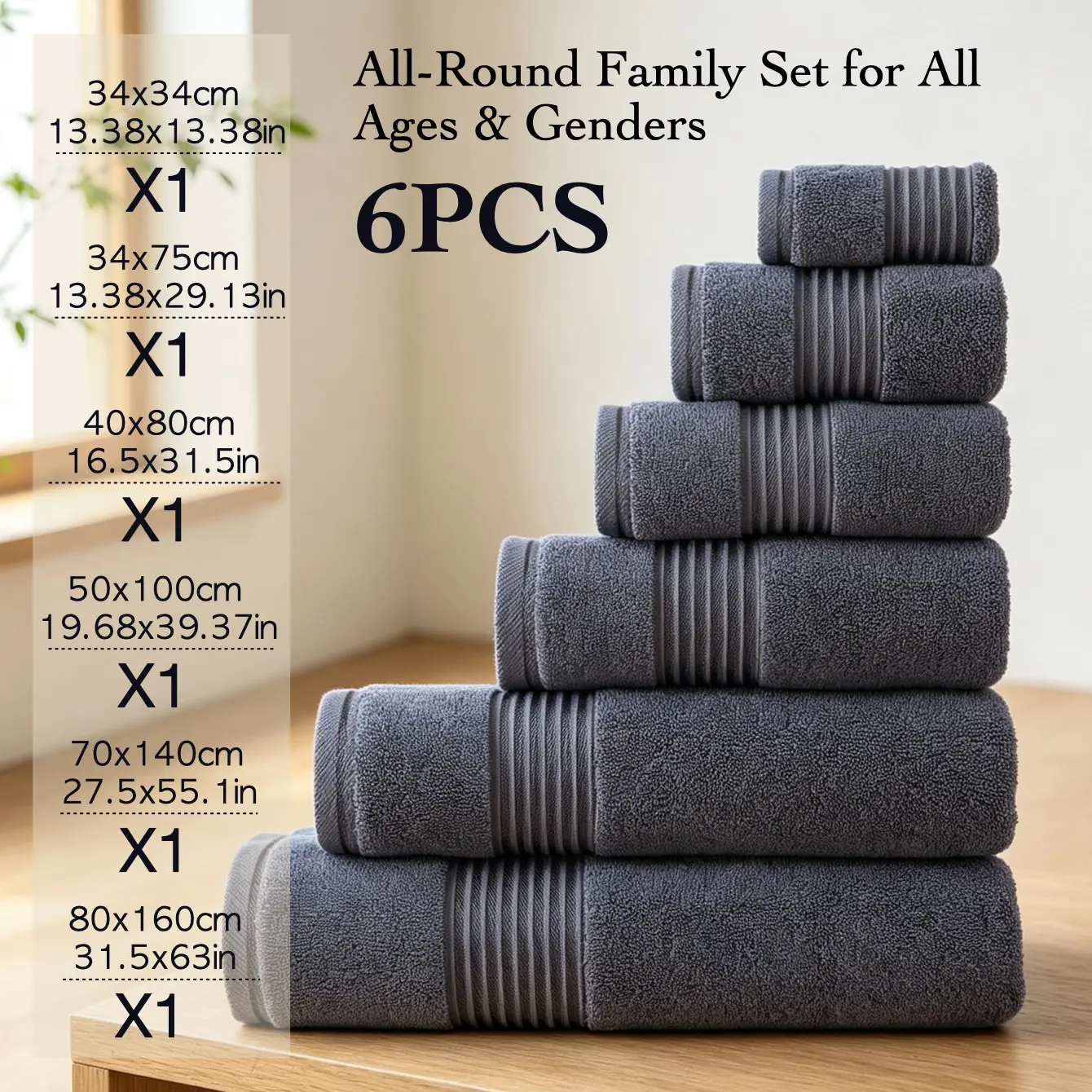 6-Piece Luxury Hotel Quality Towel Set, Super Absorbent Cotton Bath Towels, Soft & Shed-Free, Ideal for Adults & Kids, Bathroom Essentials