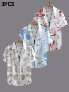 3-Pack Men's Monstera Palm Print Shirts, Summer Beach Vacation Style, Short Sleeve Blouses, Casual Fitted Top, All Seasons Wear