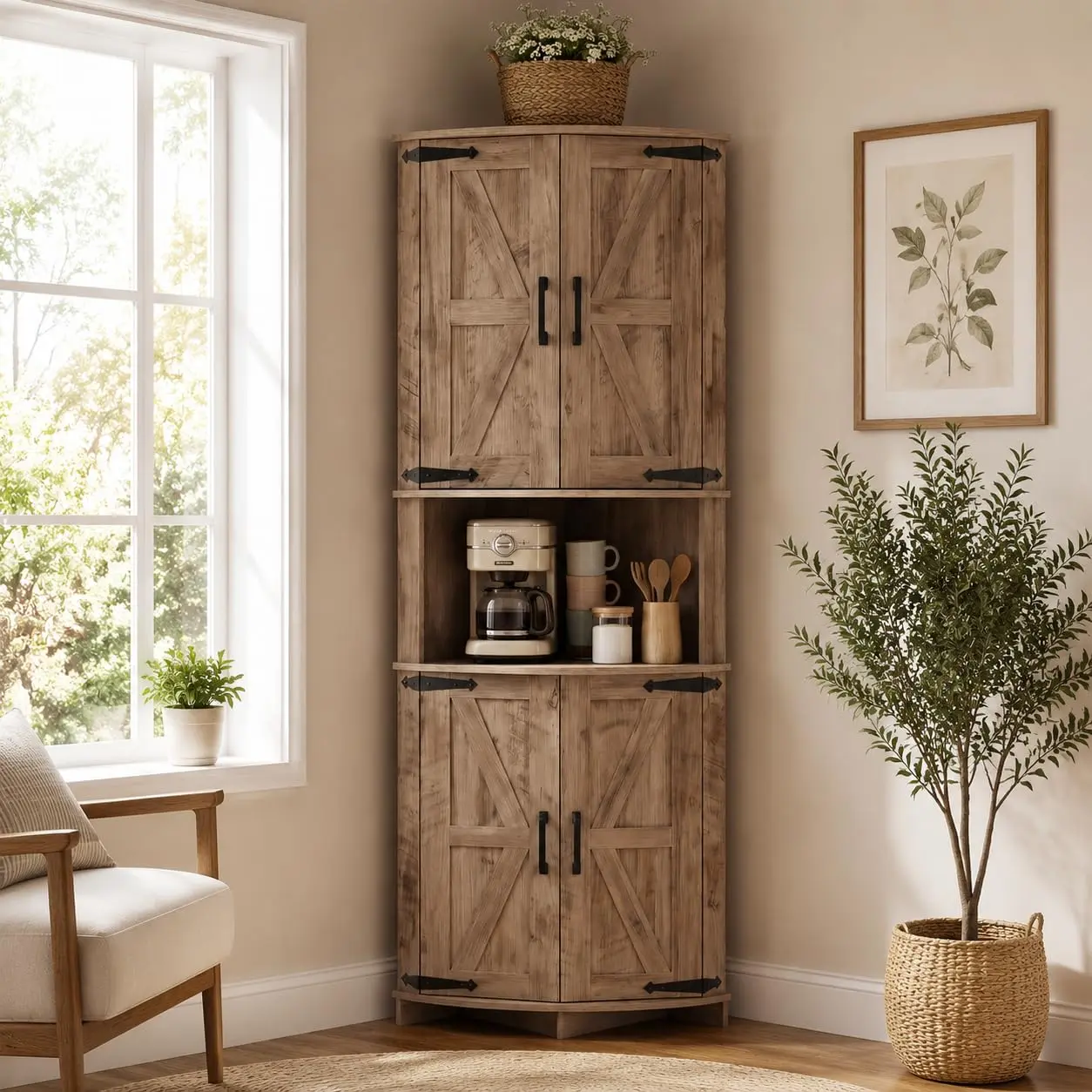 Garvee Tall Vertical MDF Wood Cabinet with Doors - Multi-Shelf Rectangular Freestanding Home Organizer, Space Saver