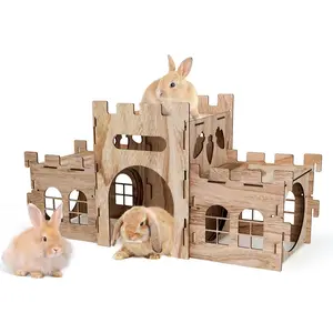 Extra Large Bunny Hideout Castle with Split Balcony & Tunnel, Ventilated Climbing House for Rabbit Ferret Guinea Pig Hamster