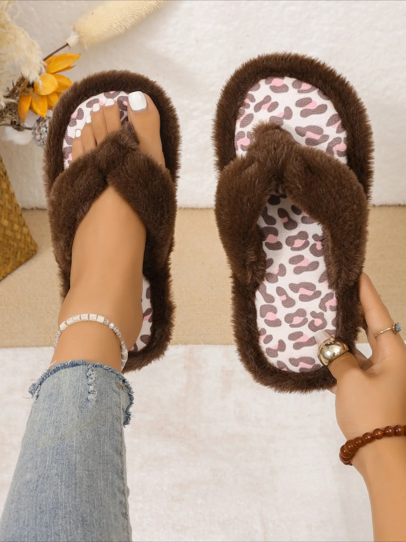 Pink fluffy thong slippers, leopard‑print insole, soft flat sole, sweet style, warm fuzzy women slides, Fuzzy Fur Slides, for casual home wear