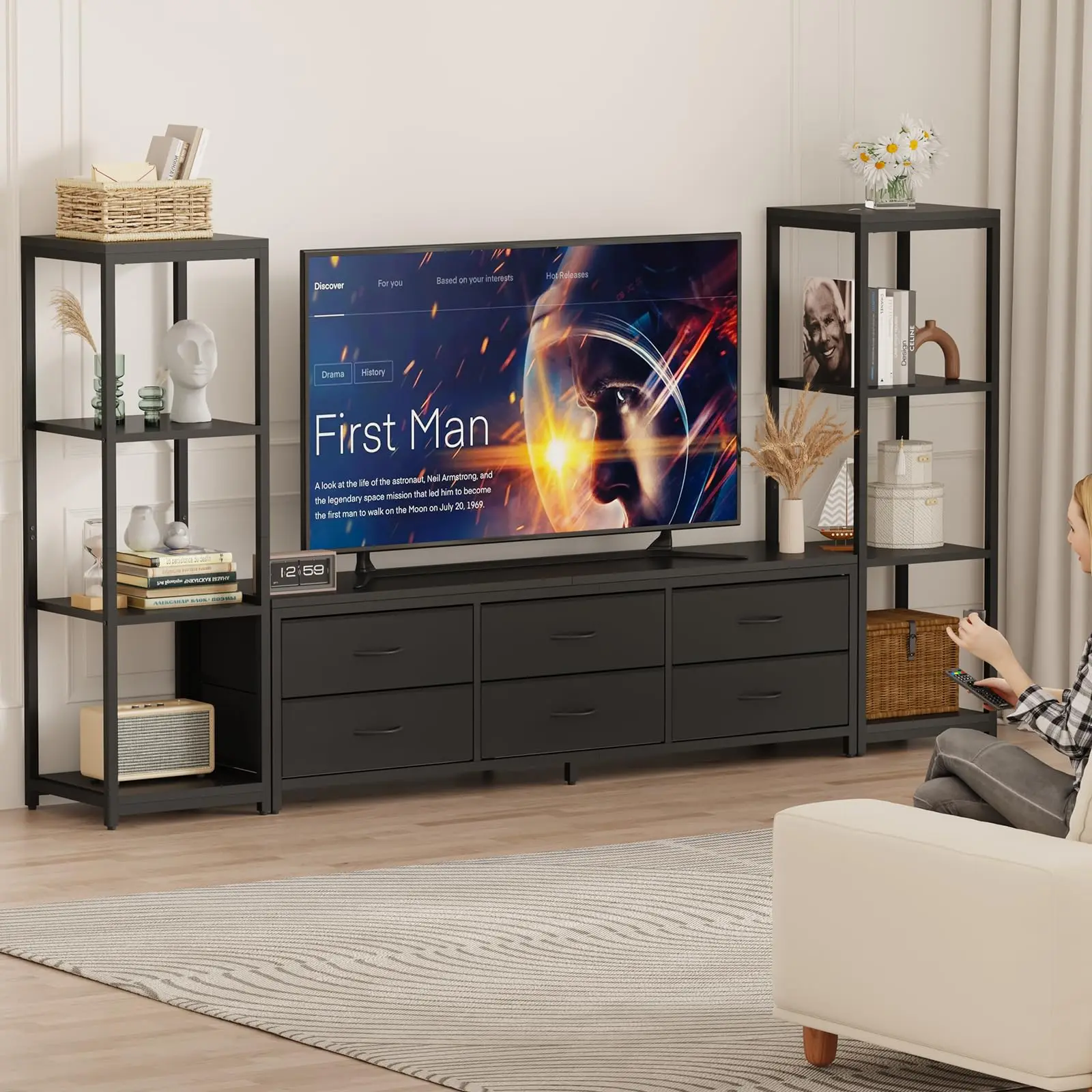 Industrial 75 Inch TV Stand with 6 Drawers & Shelves Black, 4-Tier Storage Shelves,Anti-Tip, Rustic Wood Grain, Easy Setup,Large Media Console Cabinet for Living Room Organization