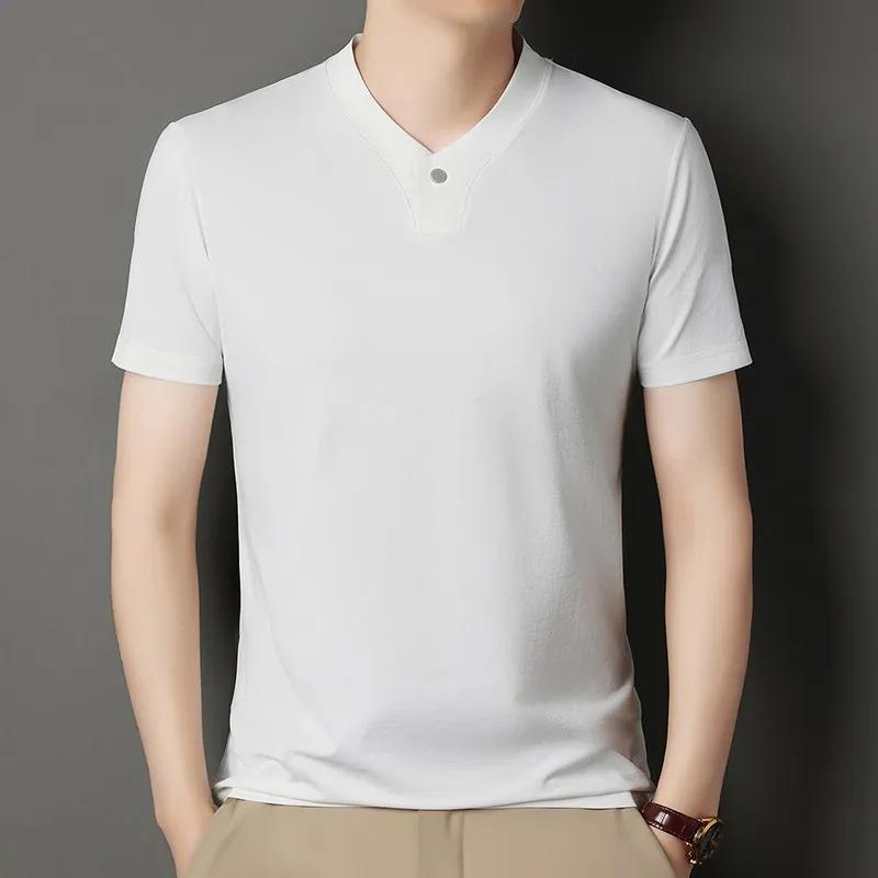 Kyn Apparel 2026 Korean Style Men's Casual and Fashionable One Button V-neck Solid Color Short Sleeved T-shirt Summer Versatile Top