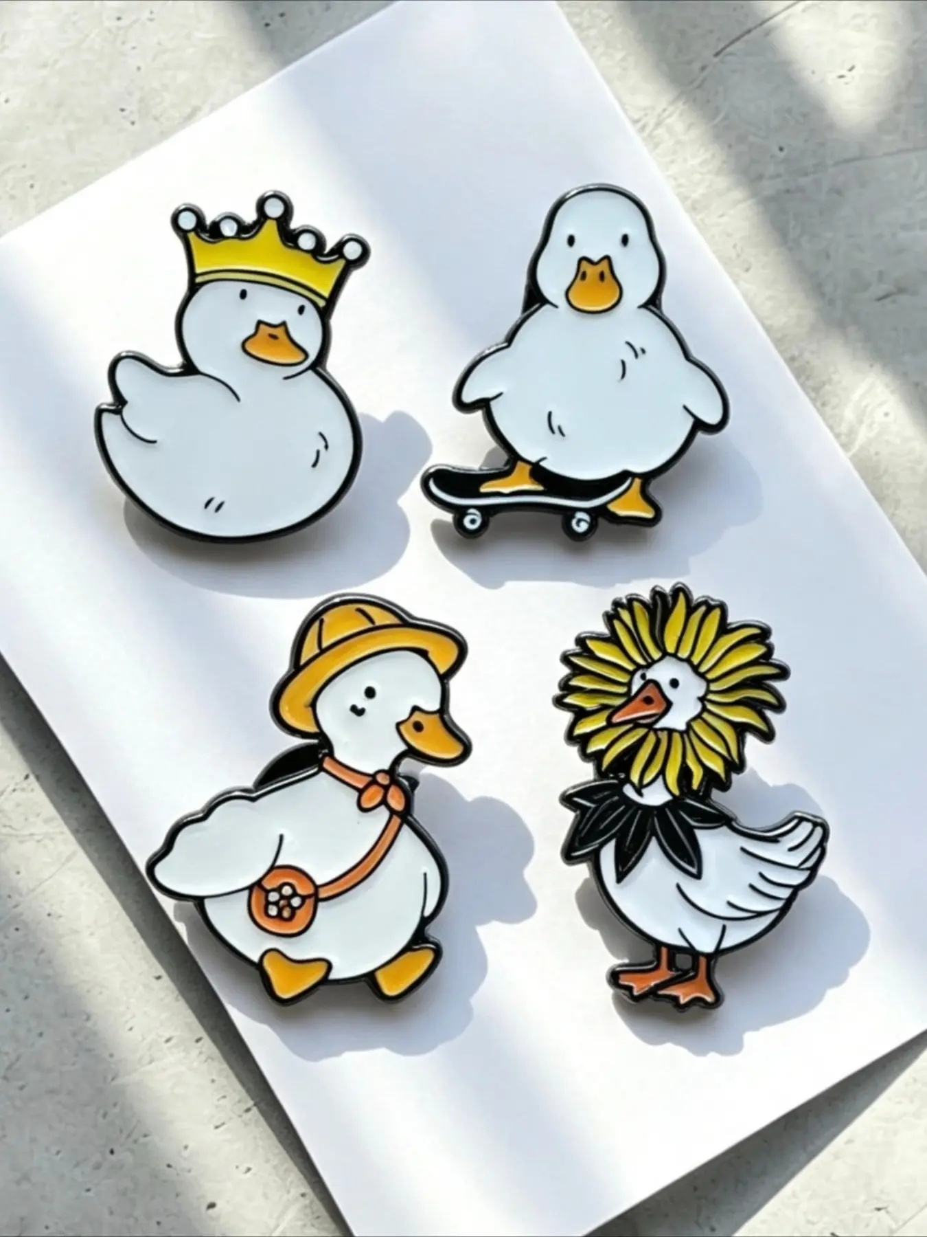 4Pcs Cute White Duck Enamel Pins Set, Crown Hat Skateboard Sunflower Cartoon Duck Animal Lapel Badge for Jacket Backpack, Funny Novelty Small Gift for Friends Duck Lovers
