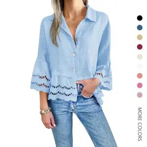 Danedvi Womens Casual Button Up Shirts Trendy Loose Hollow Out Ruffle Hem and 3/4 Sleeve Blouse Tops