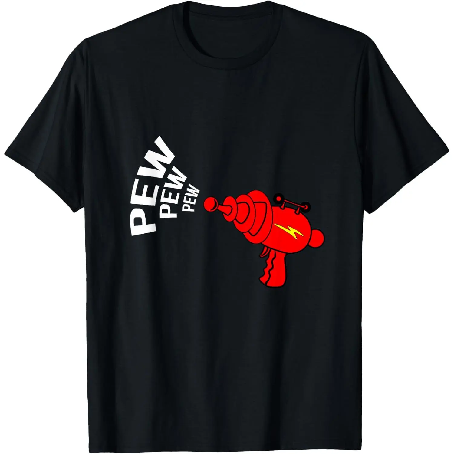 Unisex 100% Cotton Short Sleeve "Raygun Pew" Funny Sci-Fi Graphic T-Shirt, Classic Space Humor Tee, Geek Gift Shirt, Soft Comfortable Casual Wear