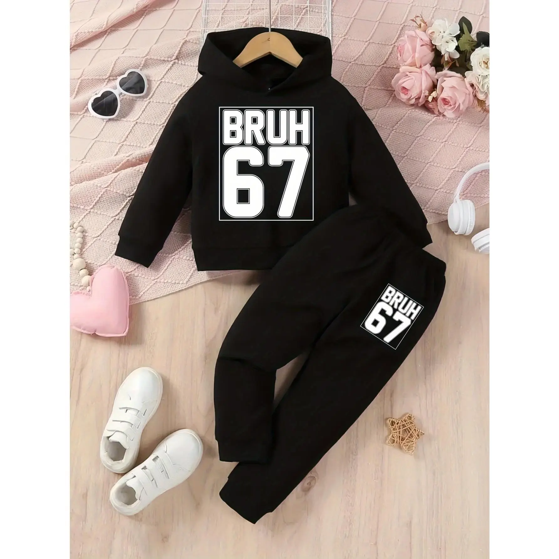 Black Hoodie And Pants Set with Bruh 67 Print for Casual Wear, Perfect for Outdoor