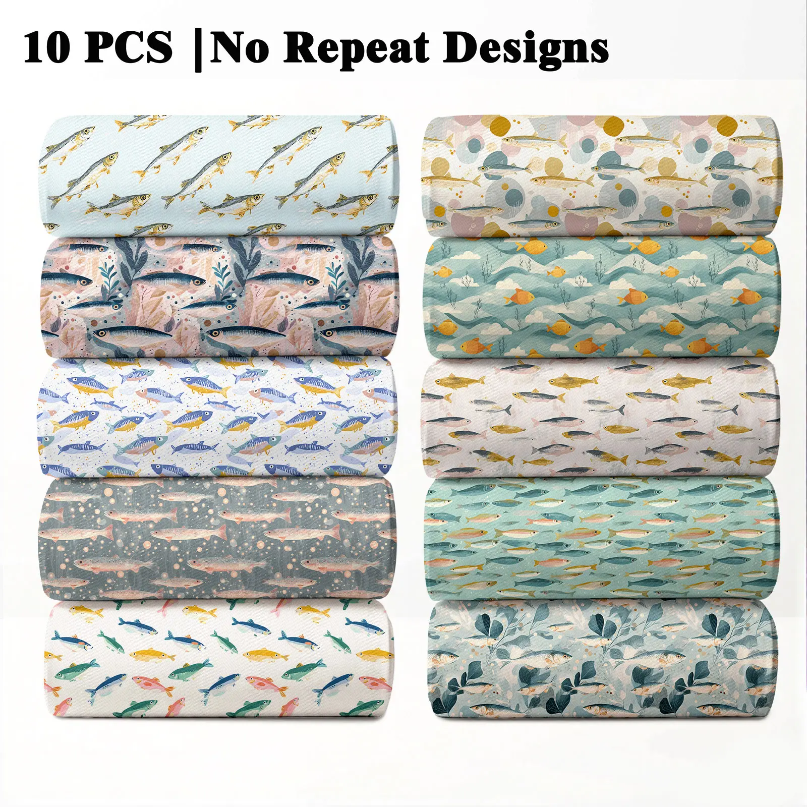 10PCS Painted Fish Print Fabric, 23x55cm (9x22in) Classic Marine Life Pattern Quilting Home Decor DIY