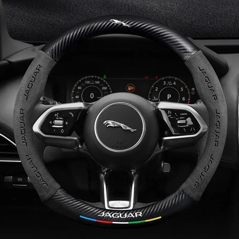 38cm Car Carbon Fiber Leather Steering Wheel Anti-Slip Cover For JAGUAR E-PACE F-PACE F-TYPE XE XF XK XJR XFR XJ XEL XFL Auto Accessories