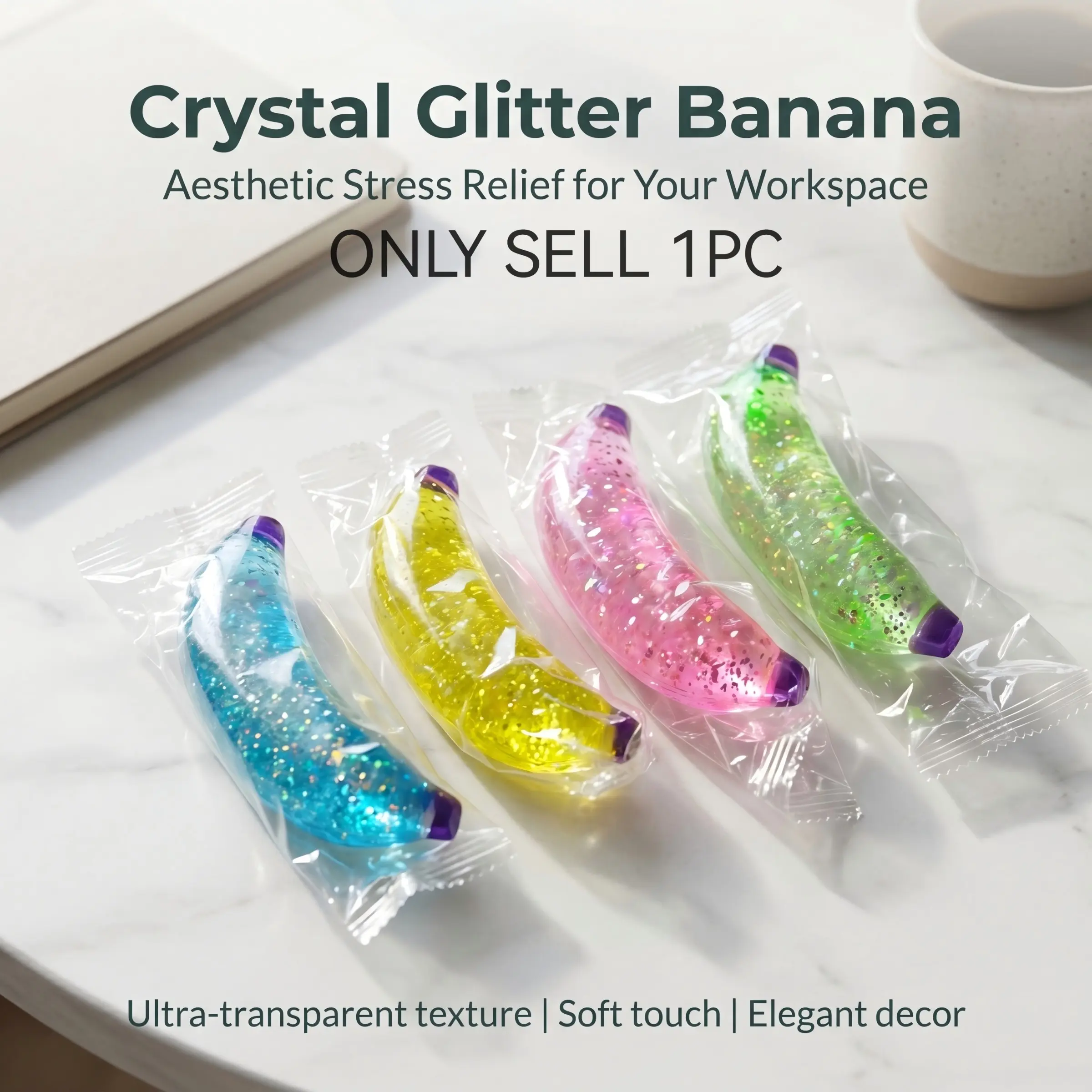 Cute Glitter Banana Squishy Toy, Fidgets Squishies, Soft Sparkly Stress Relief Squeeze Toy, Slow Rebound Sensory Fidget Toy for Kids and Adults, Anxiety Relief