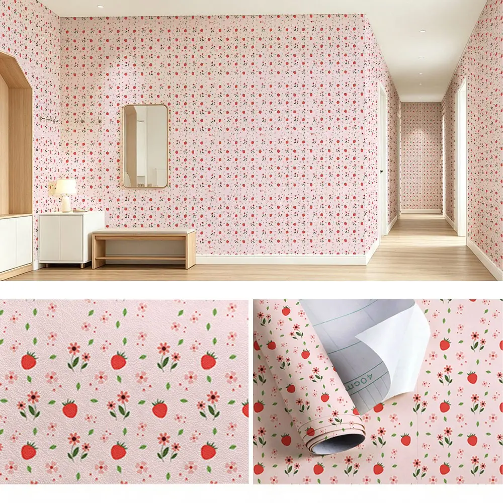 Strawberry Floral Wallpaper Roll, PVC Material, Peel-And-Stick, Mould-Proof, Ideal for Living Room, Kitchen, Bedroom Decor