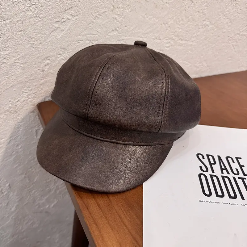 Women's Leather Newsboy Cap - Vintage Cabbie Hat, Retro Fashion Painter Hat, Casual Female Outdoor Street Wear, Stylish Autumn Winter Accessory, Trendy Gift for Her