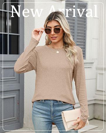 Wiholl Womens Long Sleeve Round Neck Shirts Side Split Basic Loose Tunic Tops Casual 2025 Crewneck Womenswear