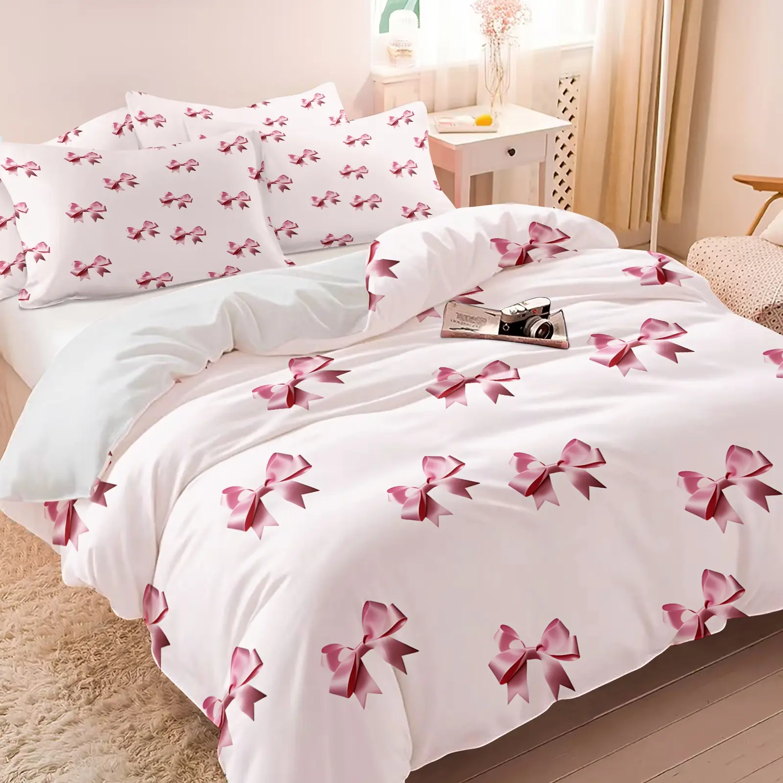 Pure Pink Bow Print Duvet Cover Set, 1 Duvet & 1-2 Coreless Pillowcases, Sweet Coquette Aesthetic Bedding, Soft Breathable Washable Fabric, Decor For Teen Girls Ins Dorm & Pink Bedroom, Bed Covers, Ideal Girly Gift