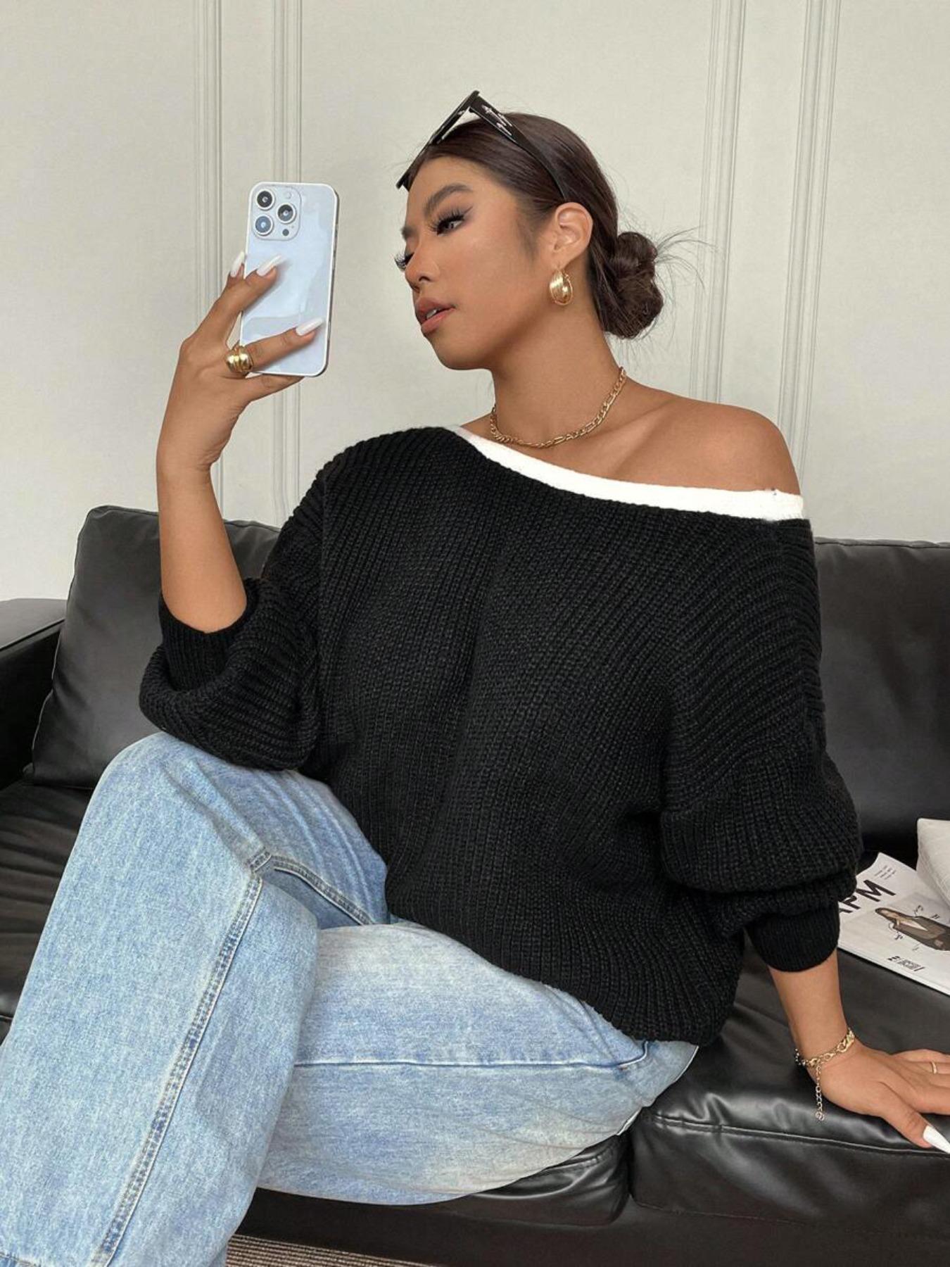 Women's Colorblock Bow Decor Contrast Binding Drop Shoulder Sweater, Elegant Long Sleeve Jumper for Fall & Winter, Fashion Ladies' Knitwear for Daily Wear Tops, Knit Sweater Clothing