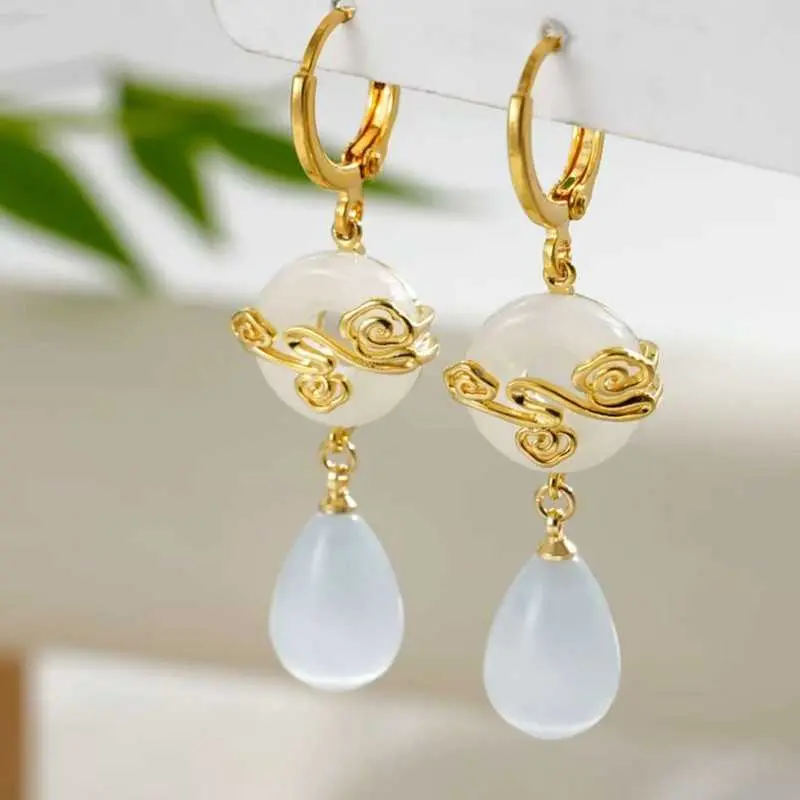 Women's Copper Alloy New Chinese Style Dangle Hoop Earrings - Gentle Delicate Cat's Eye Stone Water Drop Jewelry with Cloud Motif, DL260804C30