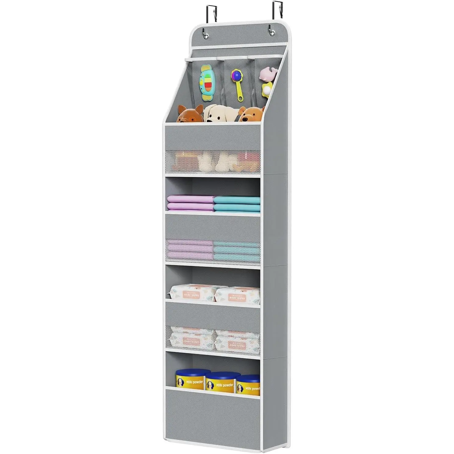 5-Shelf Space Saving Door Storage Over Door Hanging Organizer with 4 Large Capacity Roomy Pockets Closet Cabinet Wall Mount Hanging Easy Install Storage Organizers for Baby Nursery (Grey)