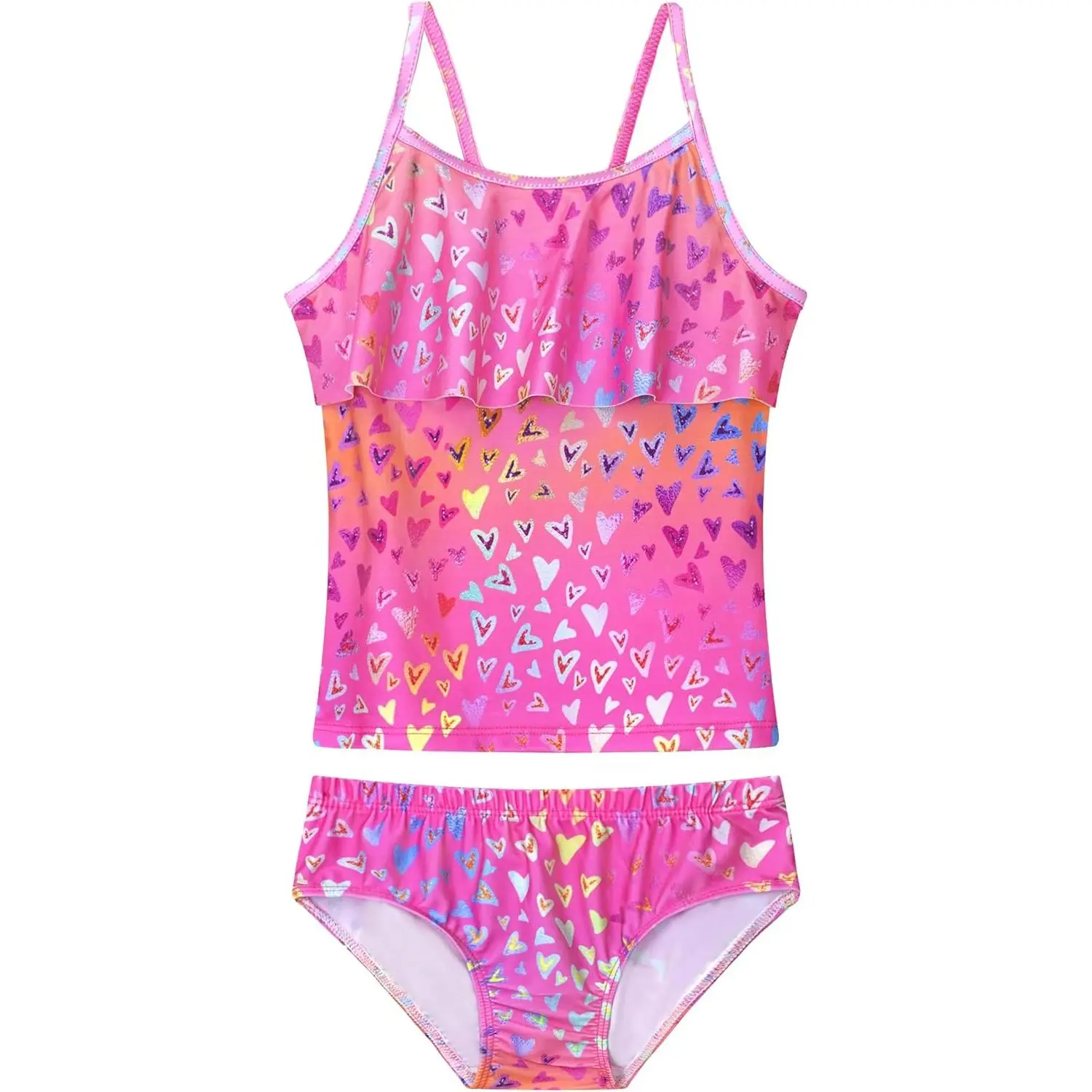 Girls' 2-Piece Tankini Swim Set - UPF50+ UV Protection, Ruffle, Spaghetti Strap, Sleeveless, Modern Chic, Full Coverage Fit Girlswear Beachwear for 2-14 Years (Gift)