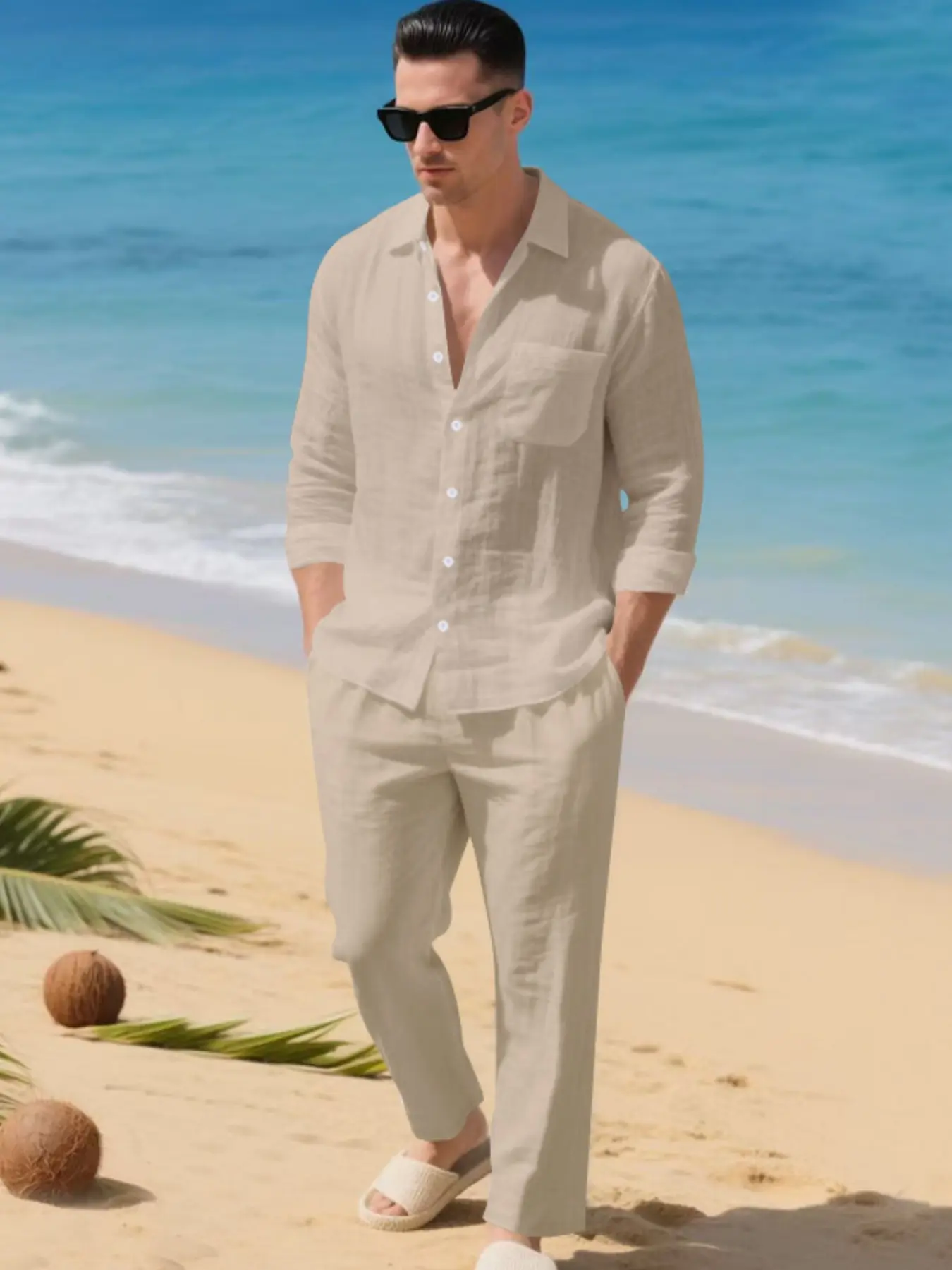 Fall colorless difference 2-piece men's linen casual suit, long-sleeved button-down shirt and comfortable straight-leg pants, 8 color regular fit, suitable for daily casual wear and light business commutes, men's lightweight sport suit