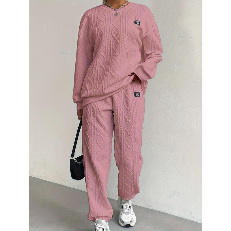 2025Women's Cozy Textured Pants Set - Soft Long Sleeve Crew Neck Sweatshirt, Comfortable Jogger Sweatpants Outfit, Casual Wear Daily Life, Suits Chic Womenswear Clothes Polyester2025