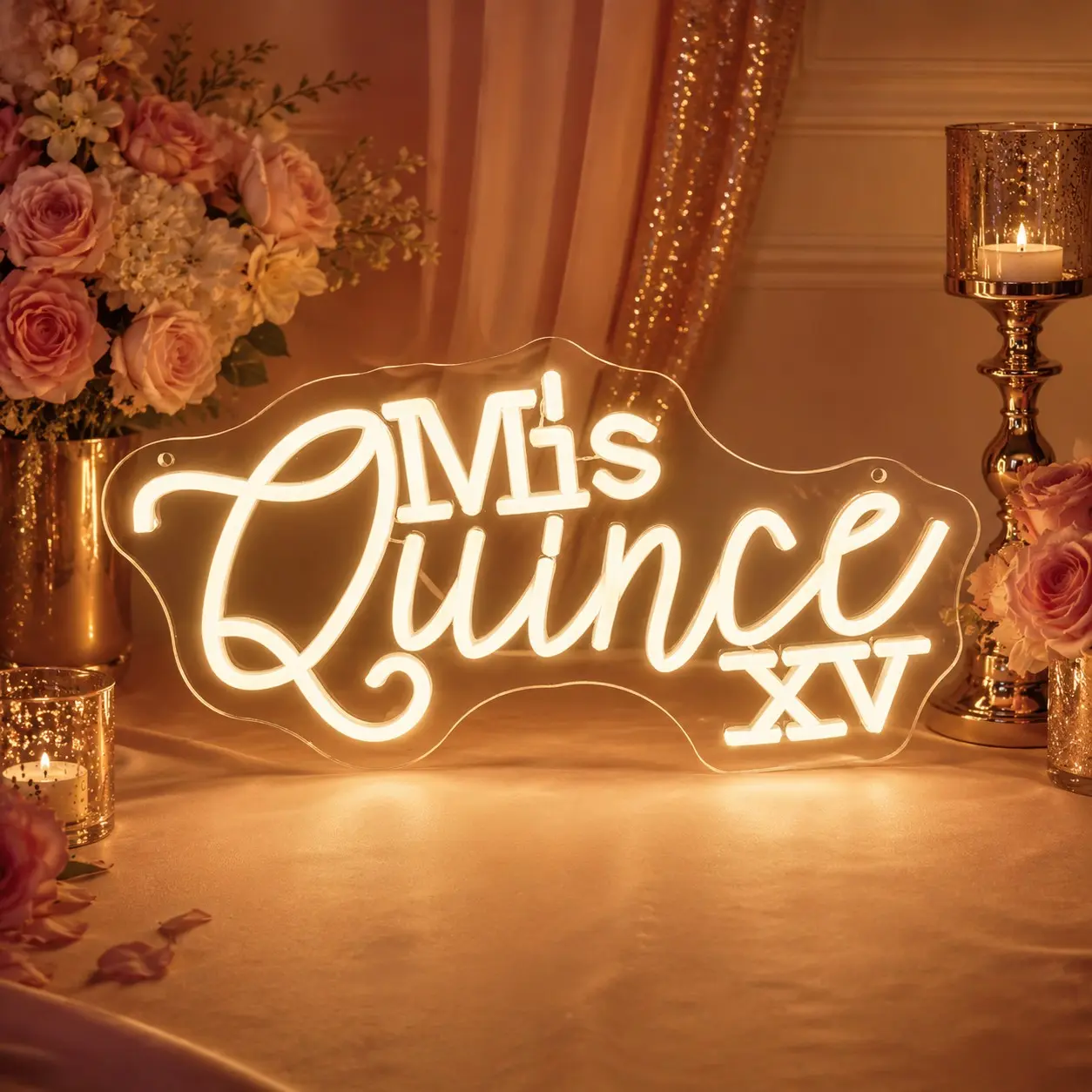 1pc Mis Quince XV Neon Sign, Elegant Quinceanera Style LED Wall Light, Warm White Acrylic Hanging Decor, USB Powered Celebration Backdrop Lamp for Sweet 15 Party, Photo Booth, Dessert Table, Bedroom, Gift for Birthday Girls and Family Party Room Decor USA