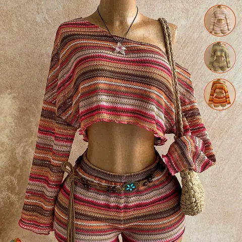 2 Pcs Women's Colorful Striped Asymmetrical Shoulder Long Sleeve Top And Shorts Set Lightweight for Summer Vacation, Stylish Two-Piece Ensemble, Perfect for Travel and Daily Wear, Shorts Outfit Set
