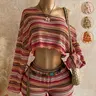 2 Pcs Women's Colorful Striped Asymmetrical Shoulder Long Sleeve Top And Shorts Set Lightweight for Summer Vacation, Stylish Two-Piece Ensemble, Perfect for Travel and Daily Wear, Shorts Outfit Set
