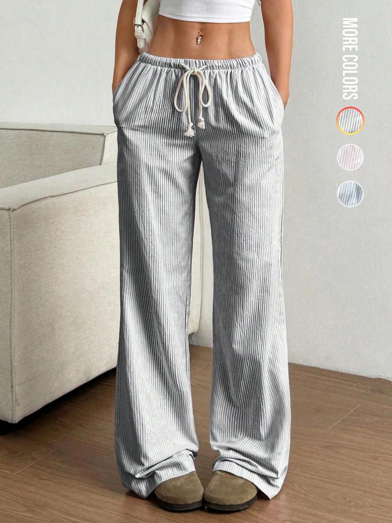 Women's Striped Print Tie Waist Pants, Casual Comfy Basic Wide Leg Trousers for Summer, Women's Bottoms for Daily Wear