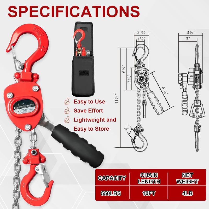 Manual Lever Chain Hoist Come Along 1/4 Ton 550LBS Capacity 10FT Lift, G80 Alloy Steel with Pawl  & Auto-Load Guide, 360? Rotating Hooks for Construction Warehouse Garage