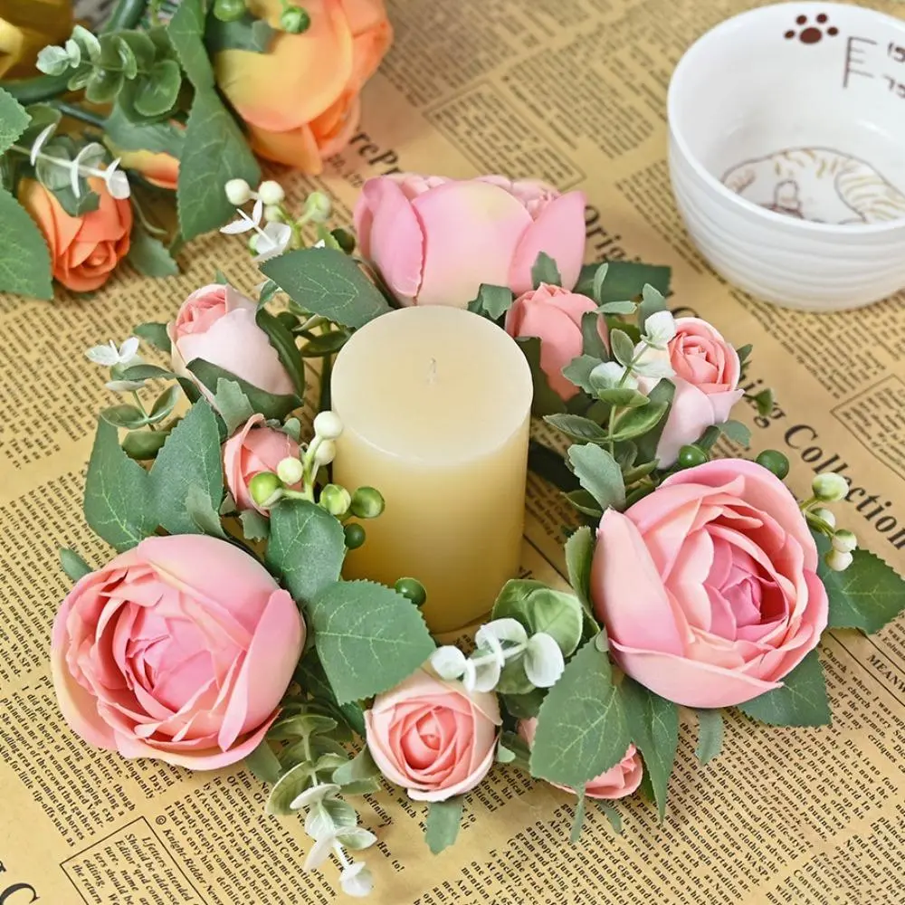 4-Pack Lightweight Decorative Artificial Rose Flower Candle Rings Set, Casual Farmhouse Home Decor Universal Candle Holder Accessories, Daily Floral Props for Wedding Table Decor & Gifting