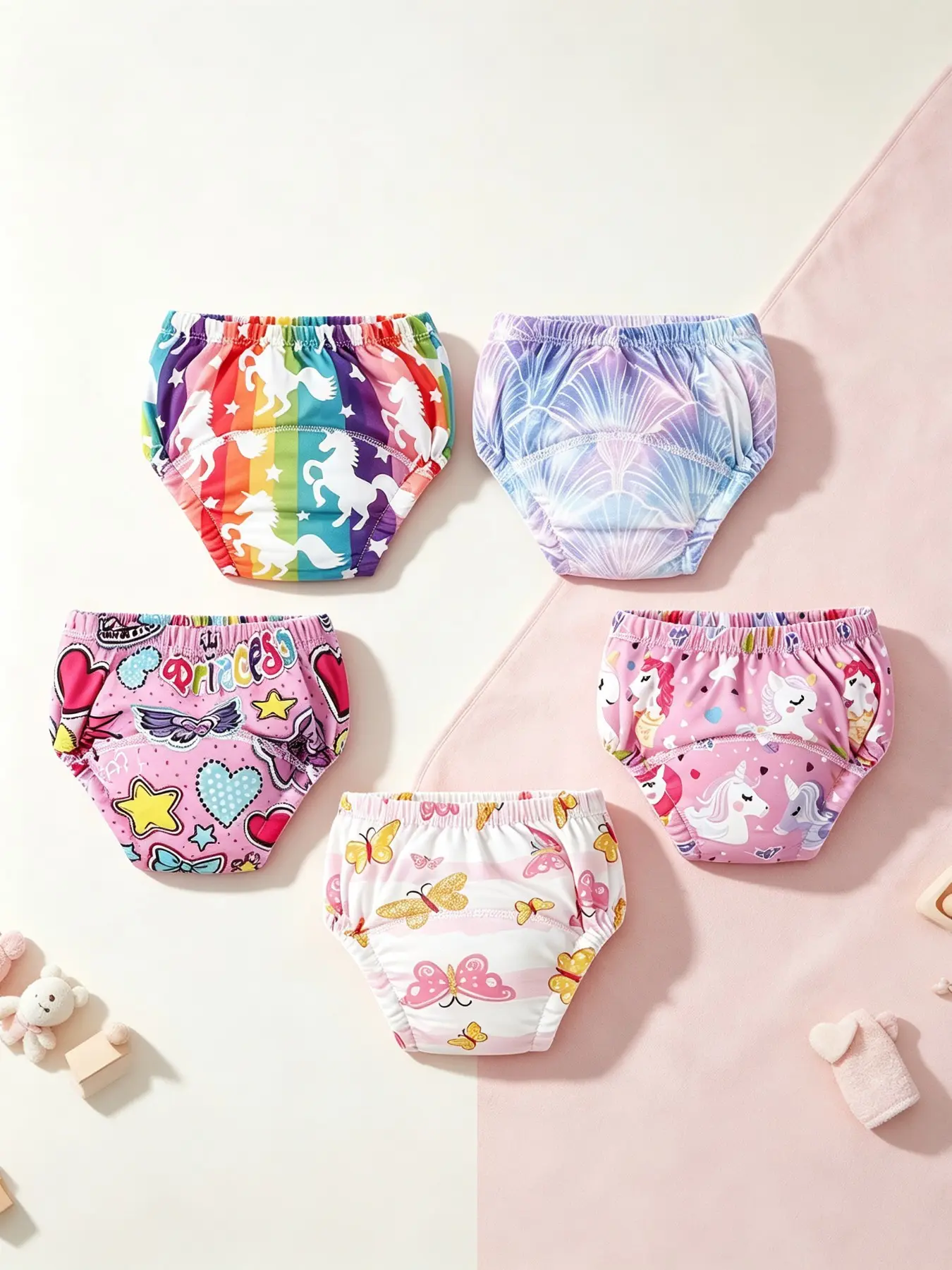 5-Pack Reusable Potty Training Pants for Kids, Unicorn & Butterfly Print, Soft Breathable Comfort, Summer Beach Pool Use, Unisex Baby Clothes
