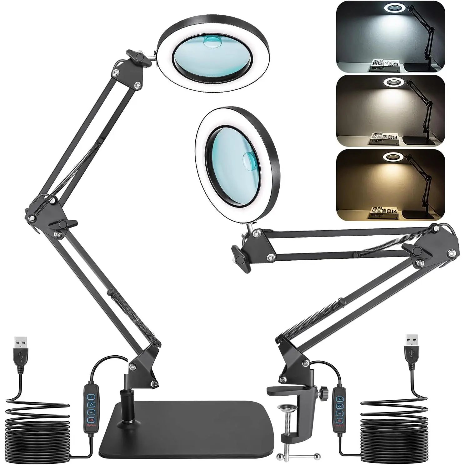Magnifying Glass with Light and Base Clamp,Glass Lens Magnifier | 15X 10X Magnifying Lamp for Desk, 3 Color Modes Stepless Dimmable, Adjustable Hands Free Table Lamp for Repair Crafts Hobby
