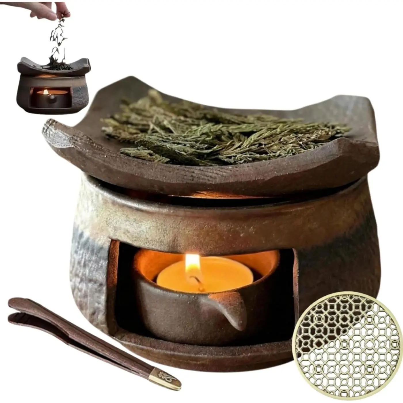 Circular Ceramic Fragrance Burner Kit with Wooden Clips, Pads, Tea Light Candle Holder Warmer for Home Meditation (10.5*6.5cm/4.13*2.56in)