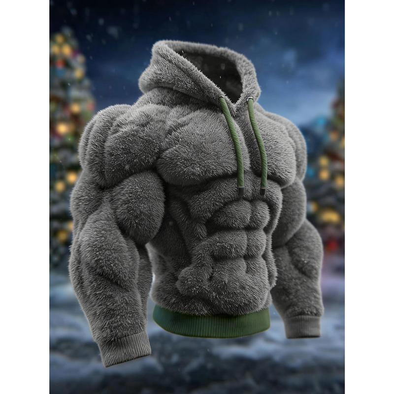 Men's 2D Muscle Sculpted Teddy Fleece Hoodie - Oversized Quilted Fuzzy Sweatshirt for Streetwear & Winter Warmth Dark Muscle-Feel Fleece Hoodie with 3D Tailored Chest Abs and Arm Sculpting
