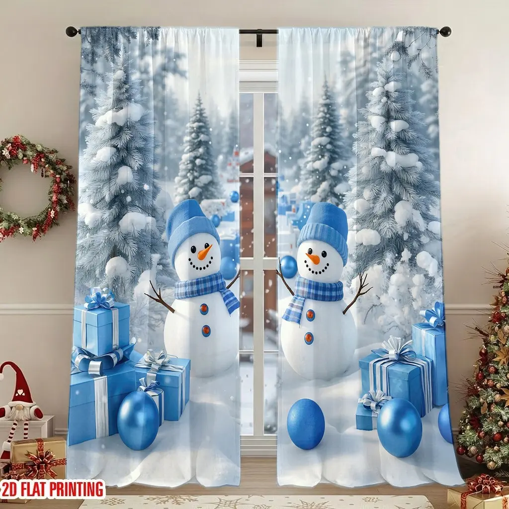 2Pcs Christmas Snowman Winter Scene Curtains, Digital Printing, Light Filtering, Privacy Protection, Home Decoration for Living Room Bedroom Holiday Decor