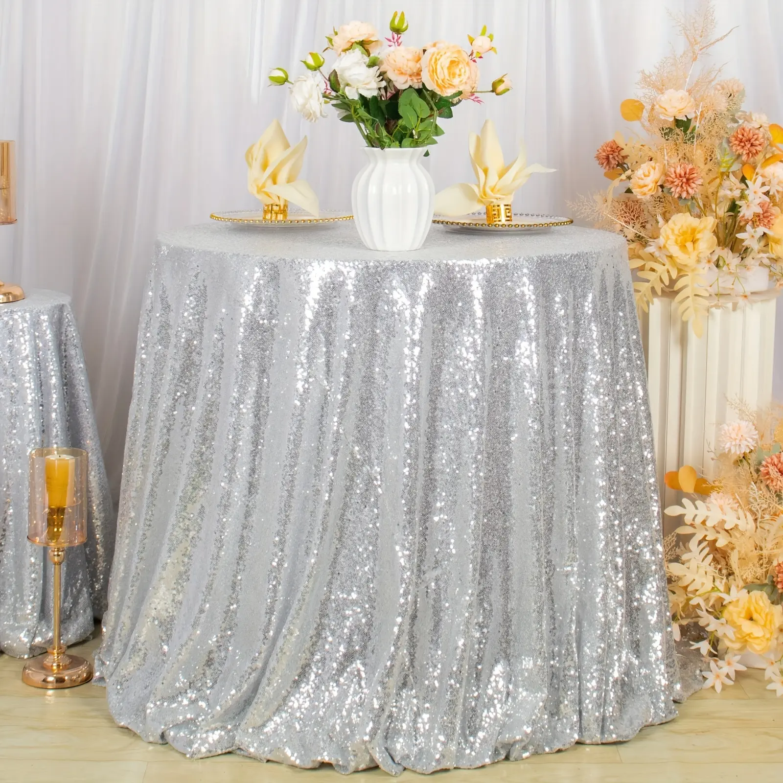 Shinybeauty 120 Inch Round Silvery Sequin Glitter Tablecloth, Fits 6Ft Round Tables, 18 Colors Available, Ideal for Wedding Birthday Cocktail Party Decoration, Wholesale Supported