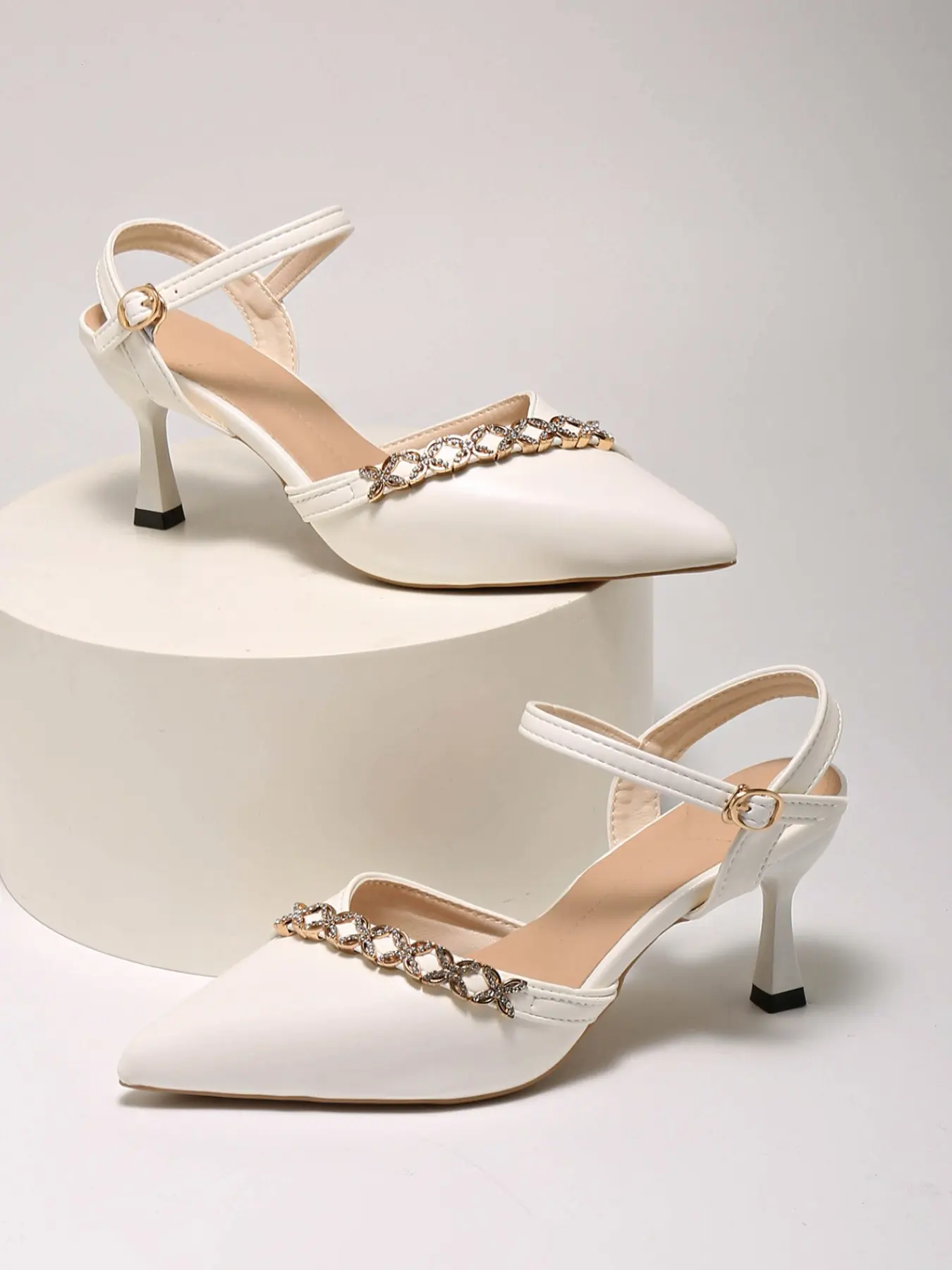 Women Pointed Toe Rhinestone Chain Slingback Heels, Adjustable Ankle Strap 7cm Flare Heel Dress Sandals, 2 Colors Black White