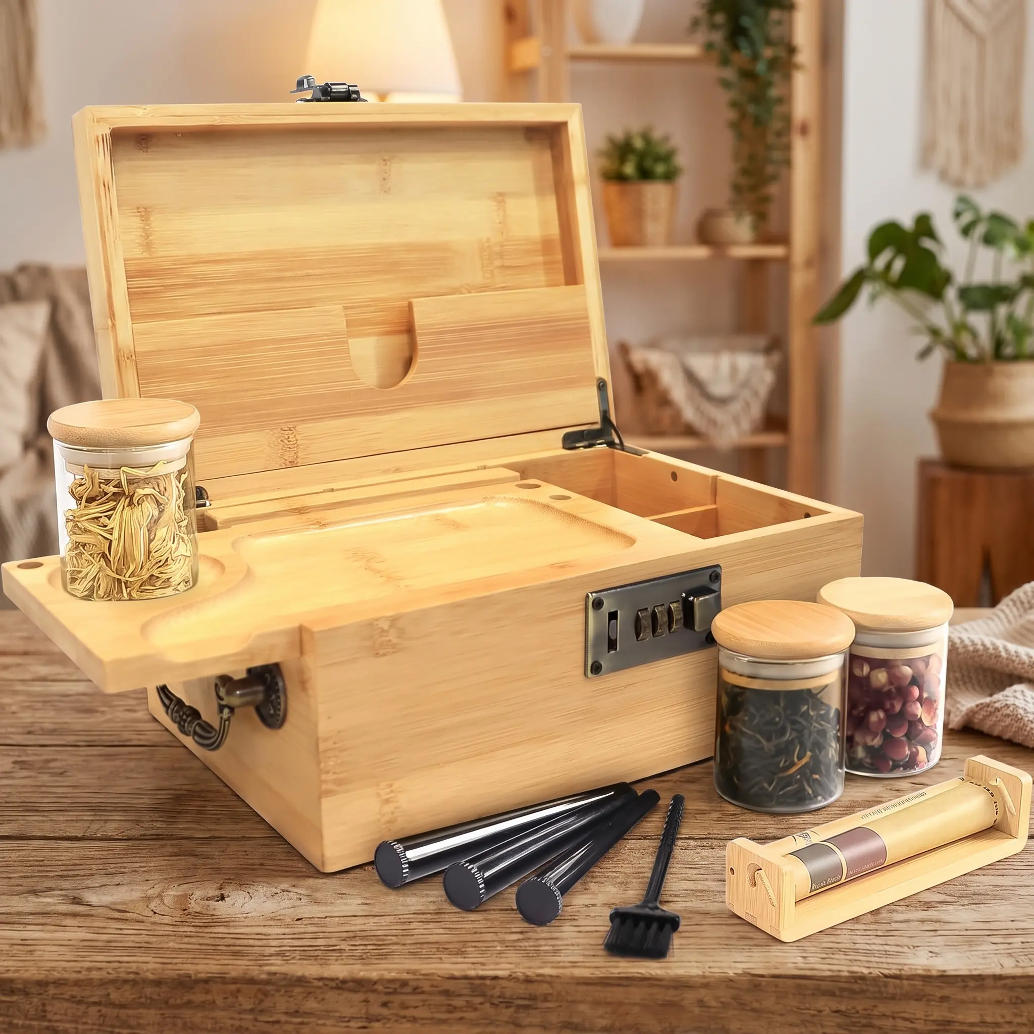 Bamboo Box with Combination Lock, Decorative Box with Handle, Large Storage Stash Box Set for Storage Tea, Coffee Bean etc, Lockable Stashbox Organizer Set as Great Gift Choice (Bamboo)