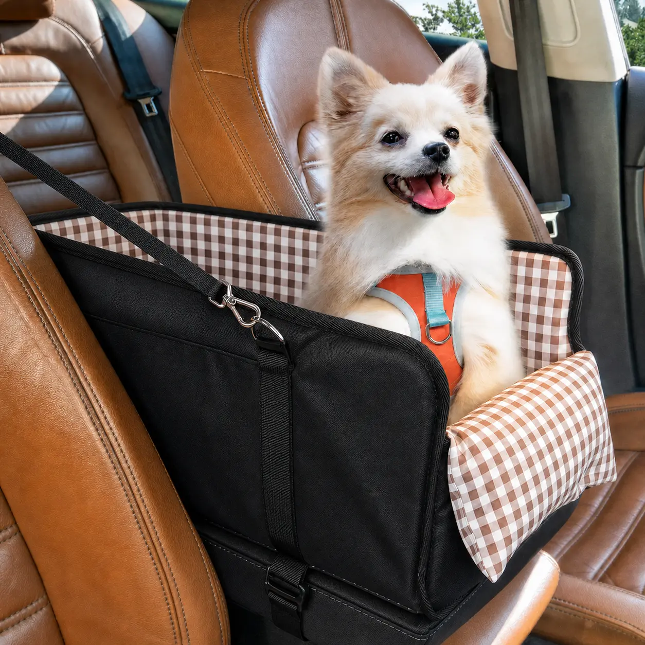 Premium Center Mount Car Pet Booster Seat for Small Cats & Dogs (Under 11 lbs) - Car Accessories, Anti-Collapse Carrier Bag, Elevated Design, Plush Mat, Secure Safety Tether, Plaid Pattern, Safety Restraint, Cars Accessories