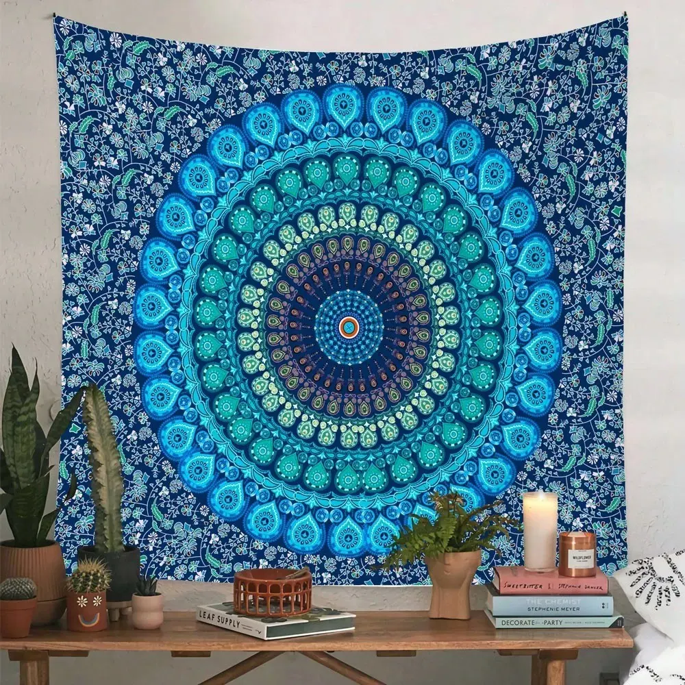 A blue mandala pattern Decorative Tapestry, with a horizontal design, made of 90gms polyester fabric. It is highly suitable for decoration in living rooms and bedrooms, as well as indoor wall art. Comes with installation package.