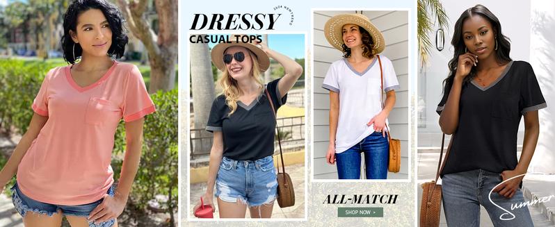 OFEEFAN Womens T Shirts Short Sleeve V Neck Loose Casual Summer Tops with Pocket Womenswear Vneck