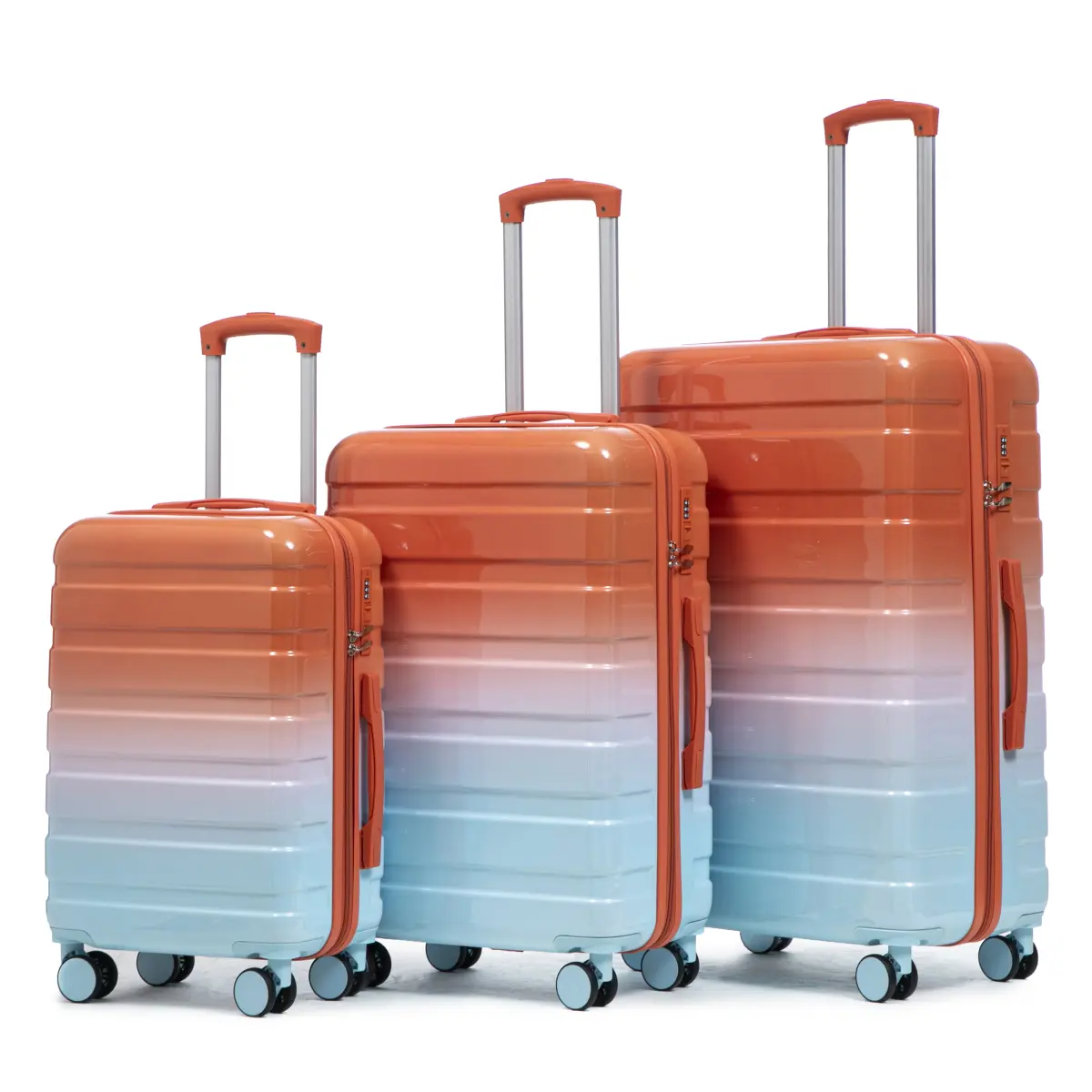Modern Multi-Size PC Hardshell Luggage Set (3 Pcs) - 20"/24"/28" Carry-On & Checked Spinners with Double Spinner Wheels, Gradient Color, Combination Lock, Fixed Buckles (Blue+Red), Silent Wheels